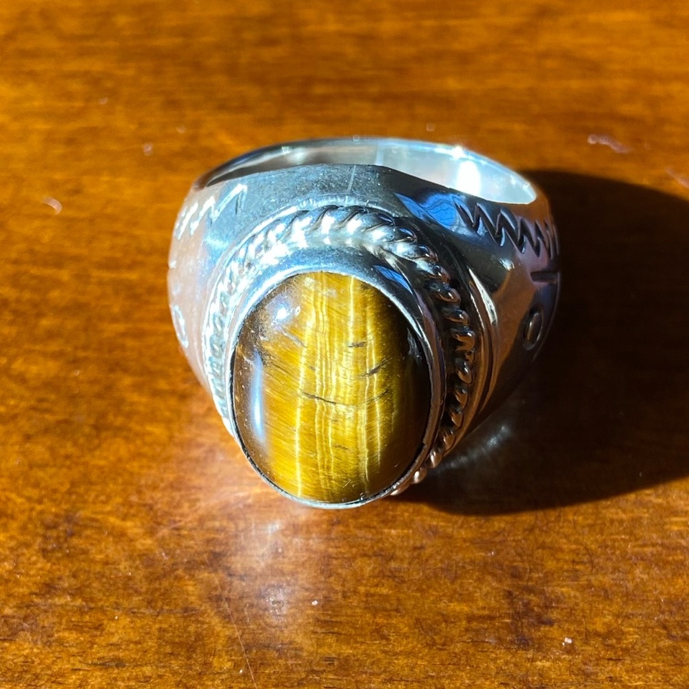 Mexico Silver Sterling Tiger Eye Size 14 Men’s Ring - Picture 6 of 9